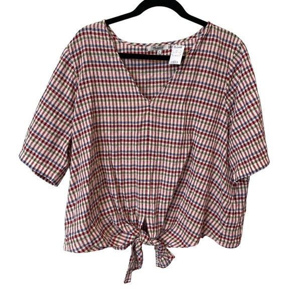 Madewell Tops - NWT Madewell Ginney Tie Front plus v neck NWT 2X gingham boxy short sleeve top